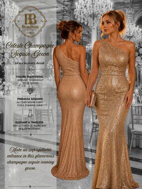 Champagne Gold One Shoulder Sequin Mermaid Evening Gown with Sheer Mesh Detail
